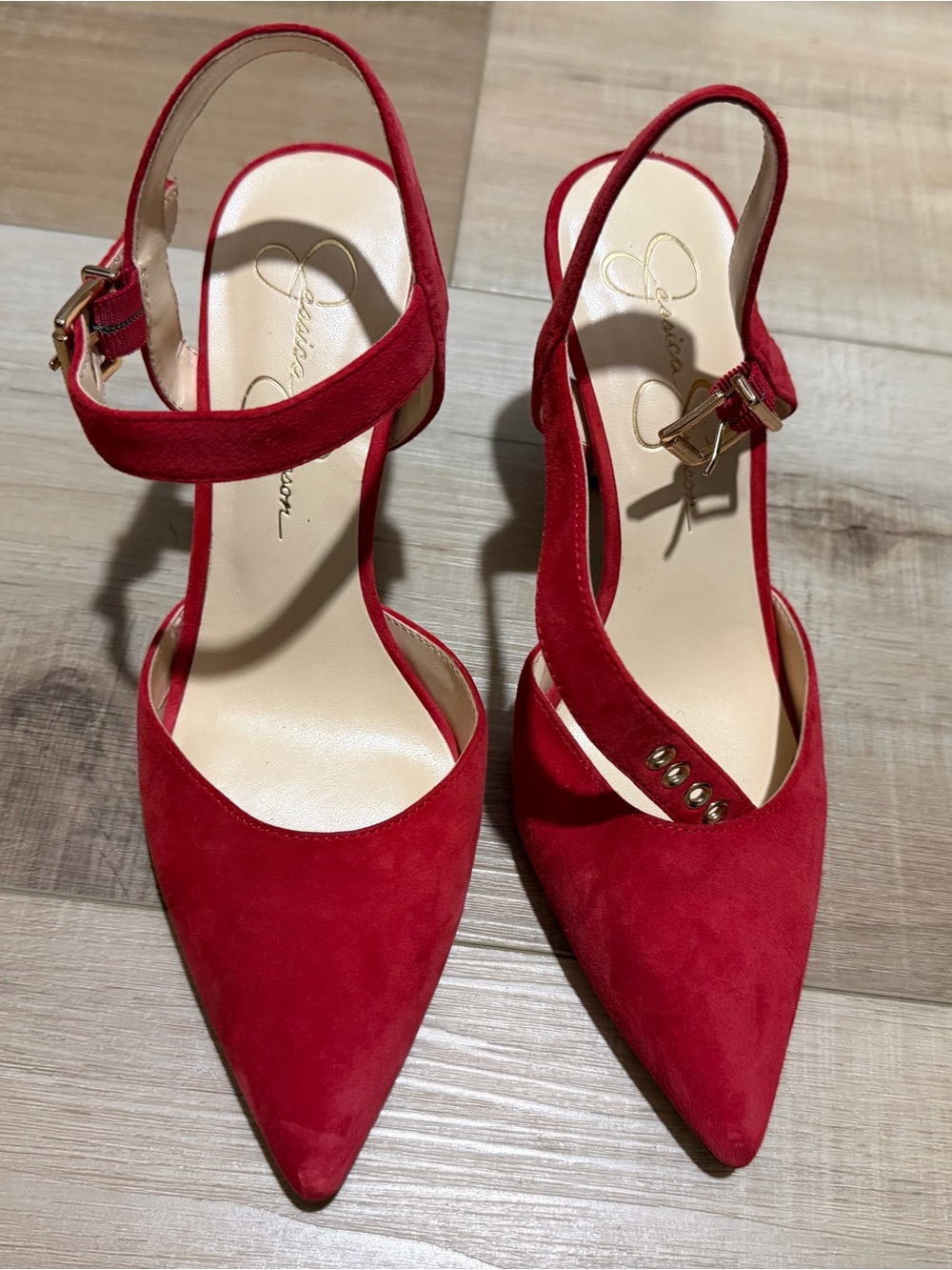 Jessica Simpson Red Suede Pointed-Toe Slingback Heels with Gold Buckle